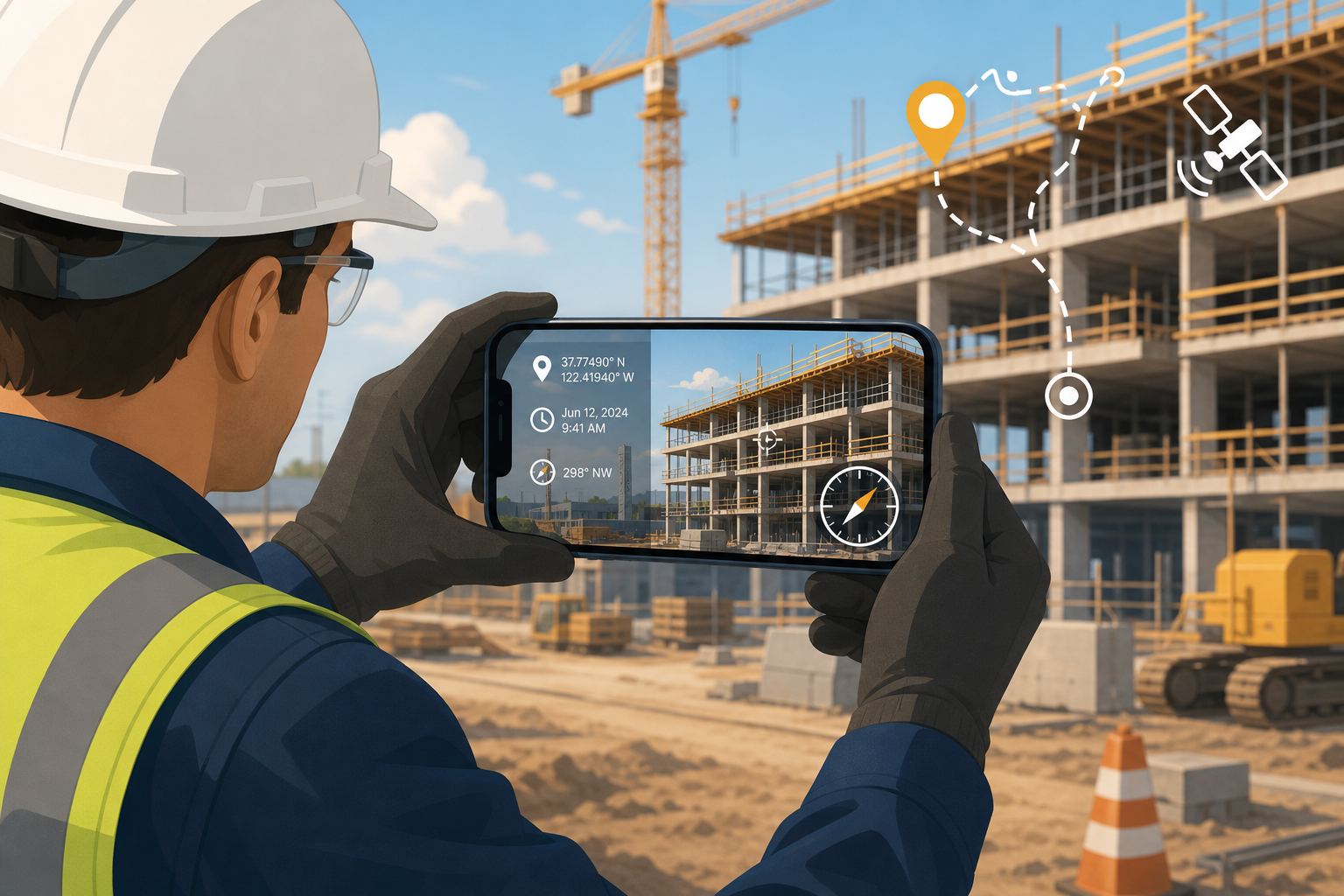 Field worker capturing GPS-stamped evidence with FieldWitness on a job site