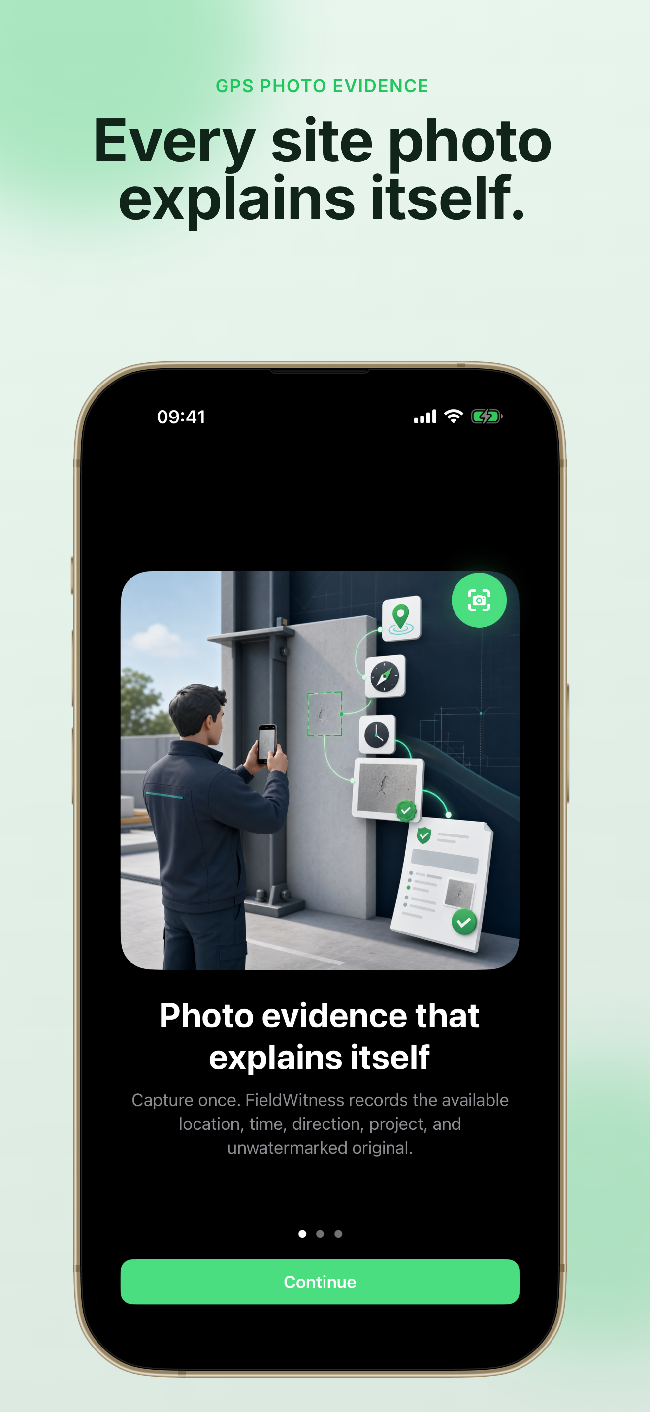 FieldWitness home screen showing GPS photo evidence capture