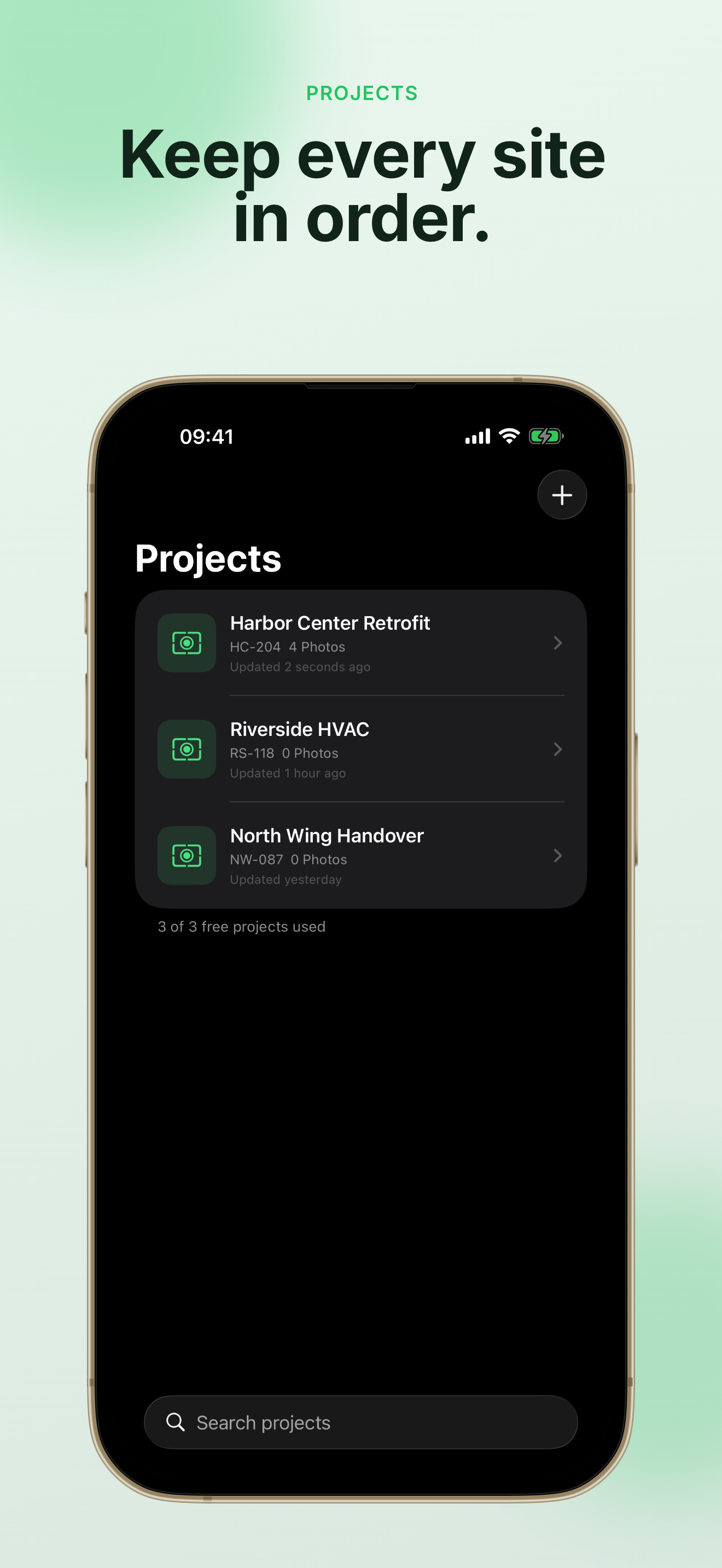 FieldWitness project list organized by site