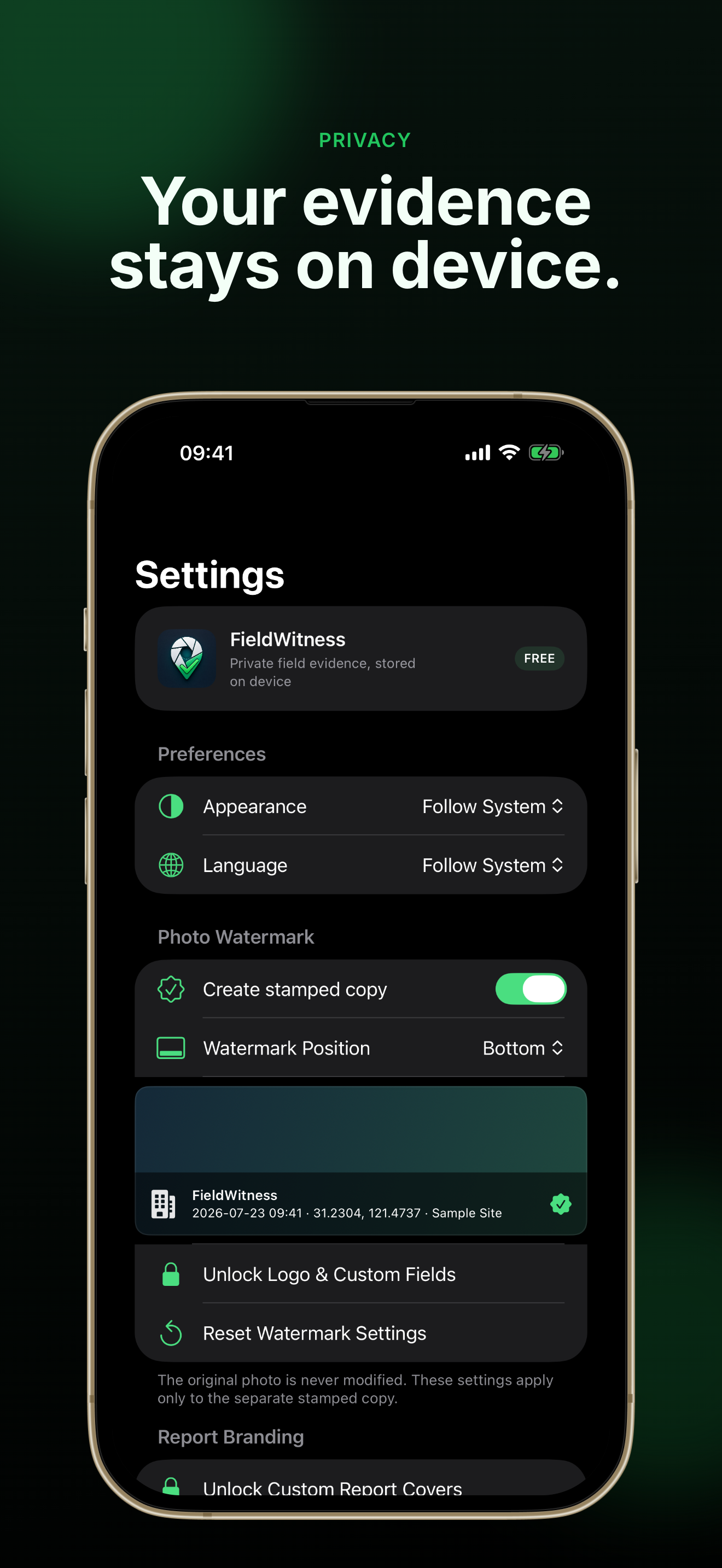 FieldWitness privacy-first settings on device