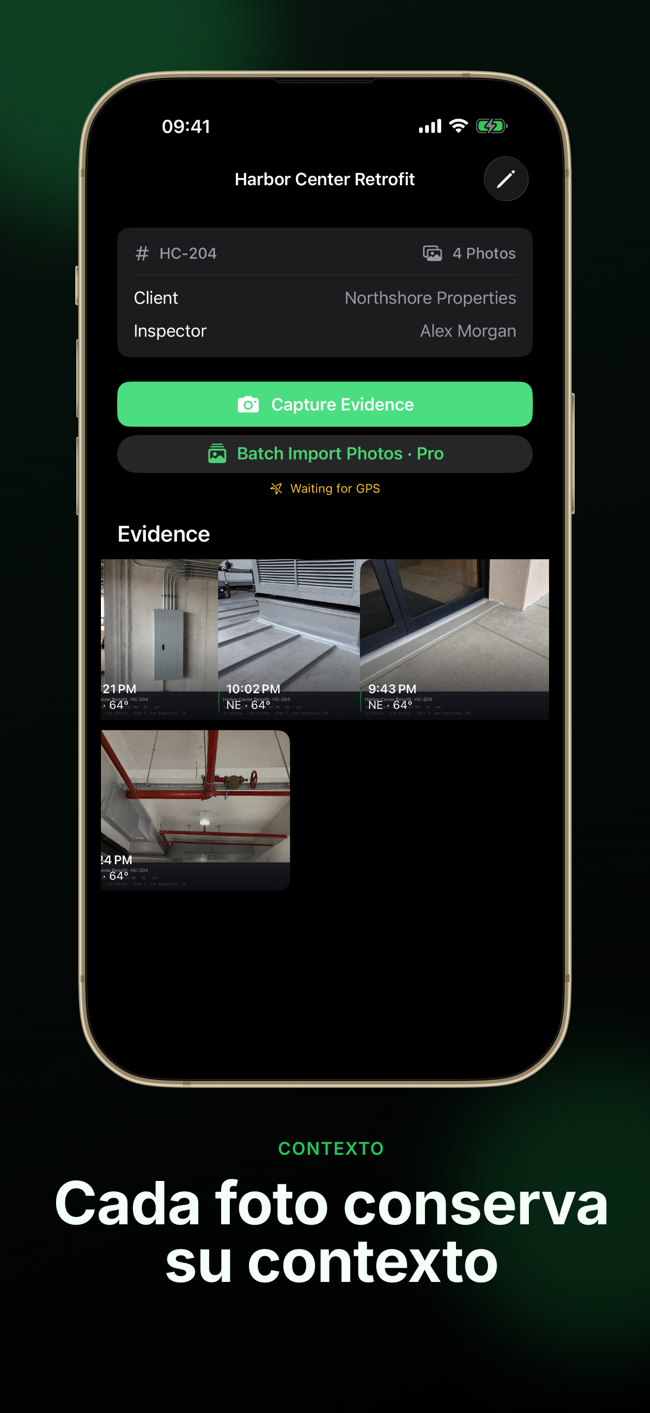 Resumen de proyecto de FieldWitness con datos del cliente e inspector