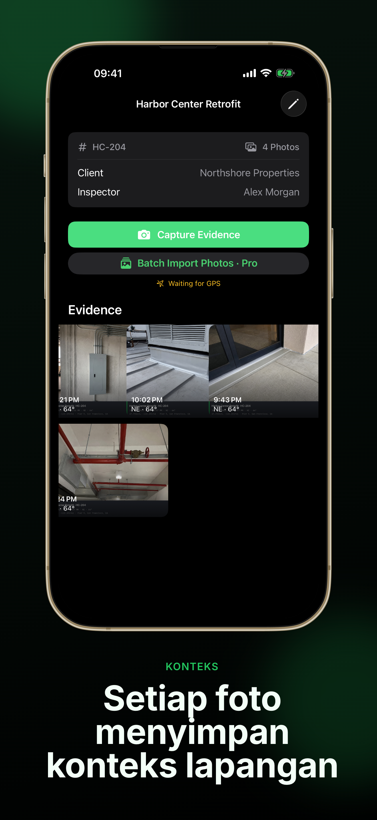 Ringkasan proyek FieldWitness dengan detail klien dan inspektor