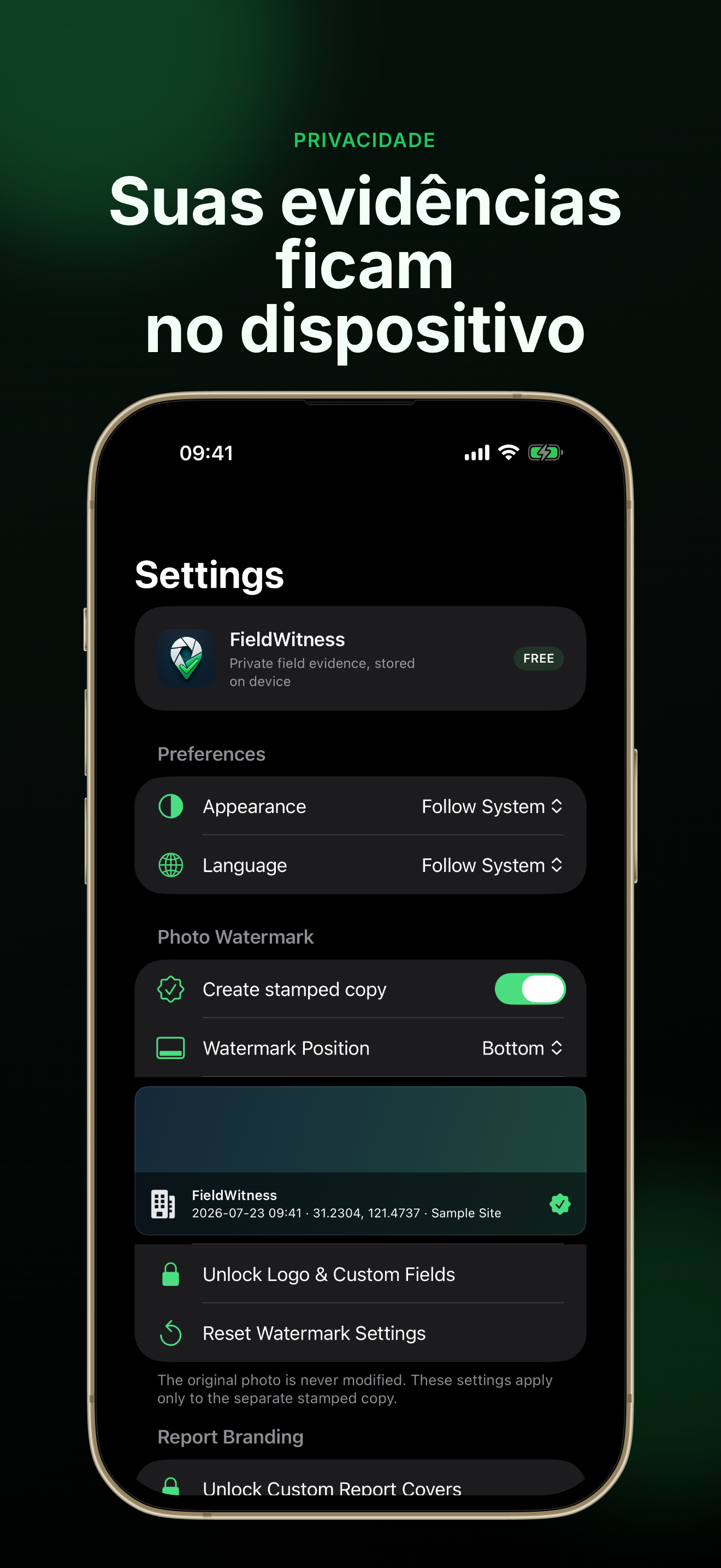 Configurações de privacidade do FieldWitness no dispositivo